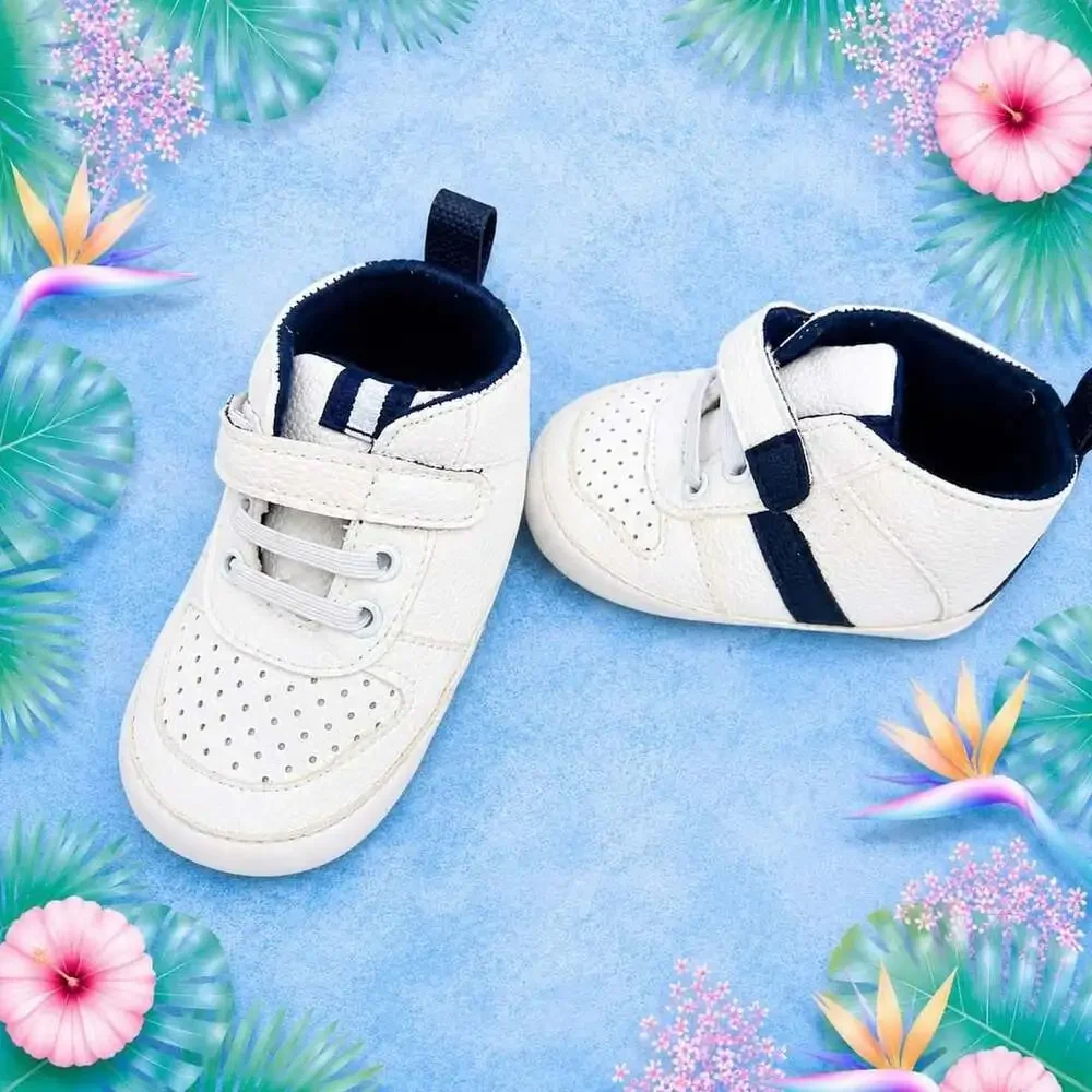 B0024 White Leather Baby Sneakers with Velcro Strap